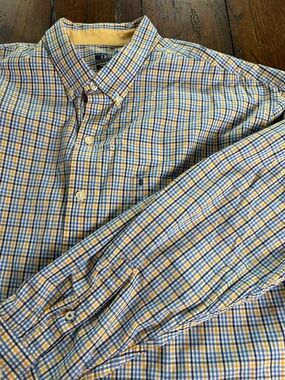 Izod Men’s Yellow and Blue Checked Button-Down Shirt 2XL